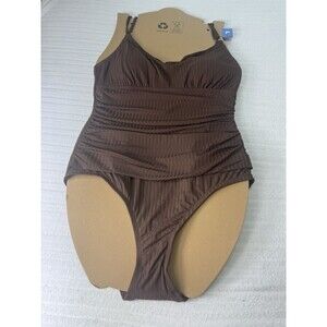 Ellen Tracy Women’s Brown Ruched One-Piece Swimsuit Adjustable Straps